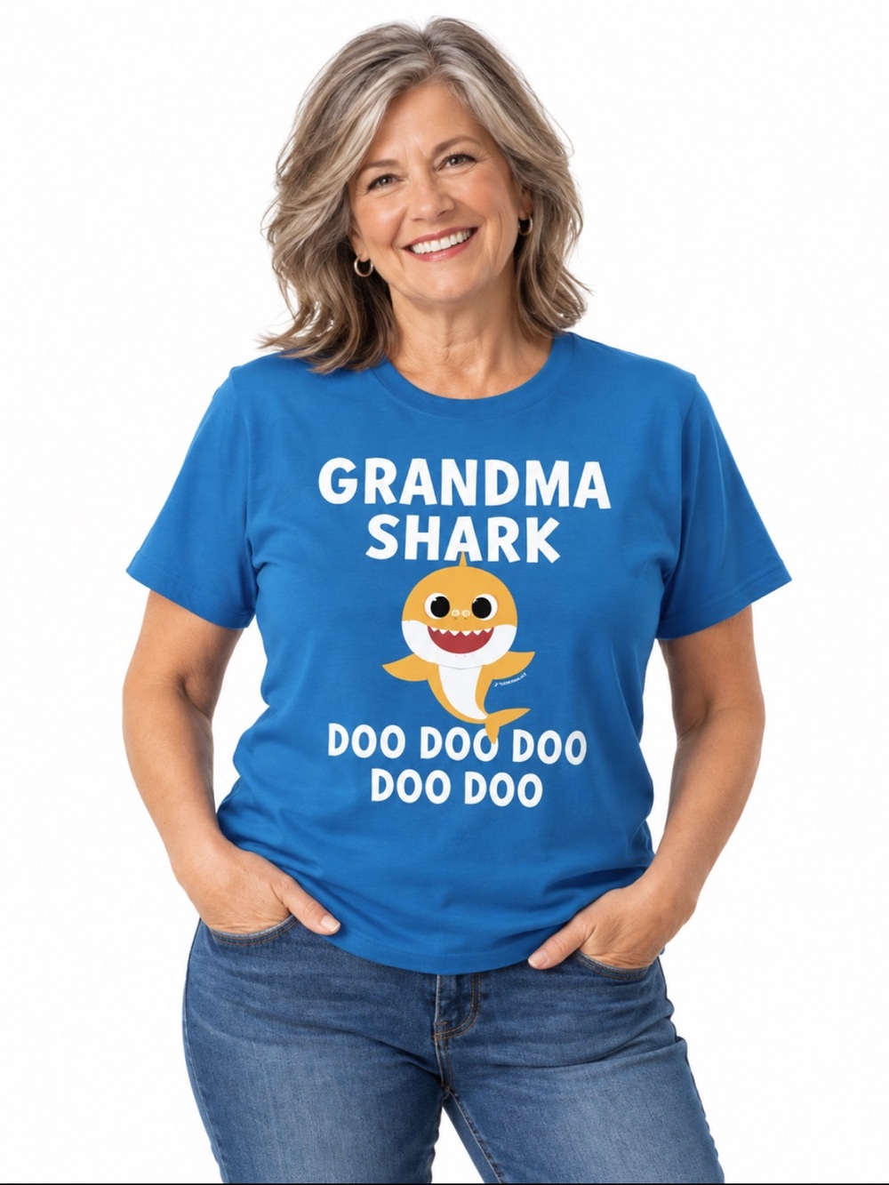 Port & Company Grandma Shark Baby Shark Blue Graphic Tee 100% Cotton Medium